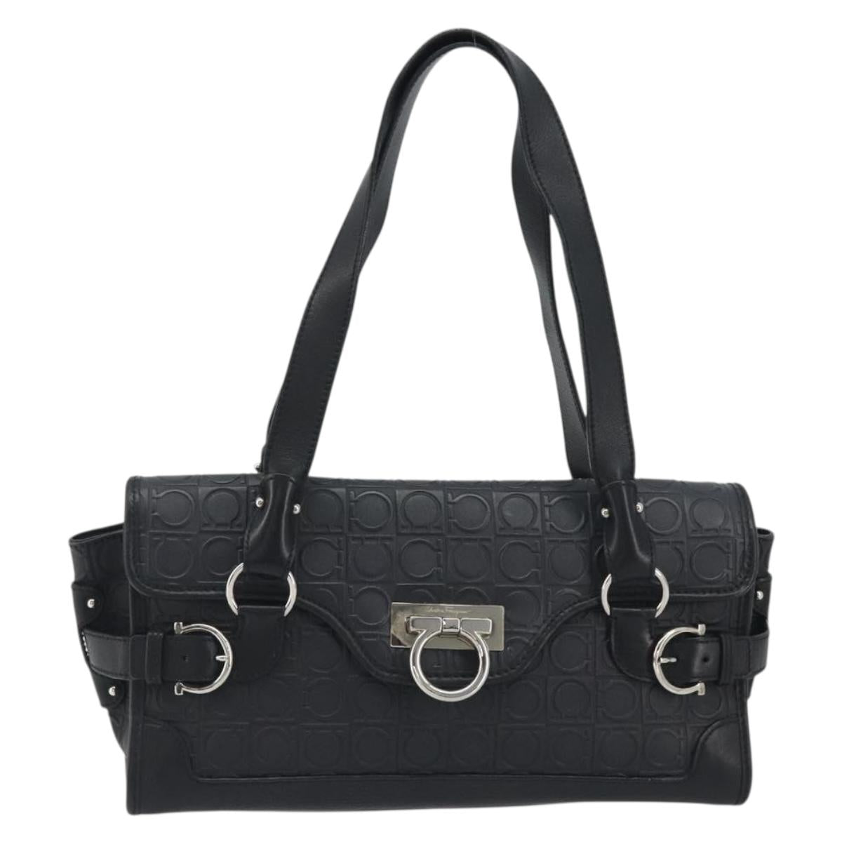 Salvatore Ferragamo Gancini Shoulder Bag Leather Black Silver Auth 193966A - Jerrillo image 2