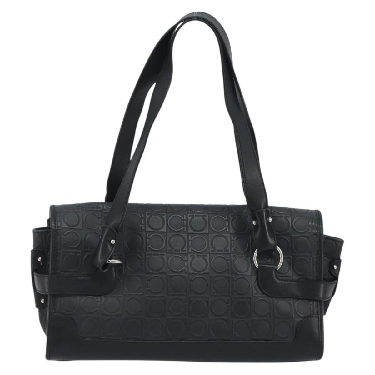 Salvatore Ferragamo Gancini Shoulder Bag Leather Black Silver Auth 193966A - Jerrillo image 3