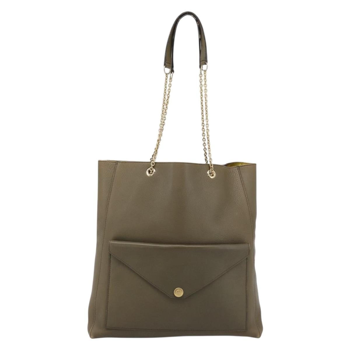 CELINE Chain Tote Bag Leather Khaki Gold Tone Auth 194216 - Jerrillo image 2
