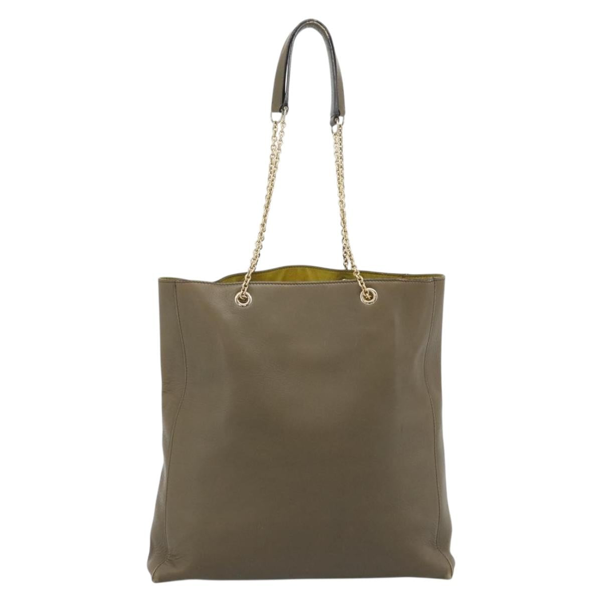 CELINE Chain Tote Bag Leather Khaki Gold Tone Auth 194216 - Jerrillo image 3