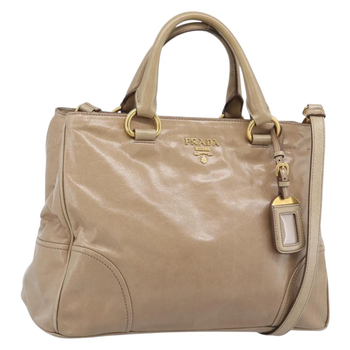 PRADA Hand Bag Leather 2way Beige Gold Auth 194763M - Jerrillo