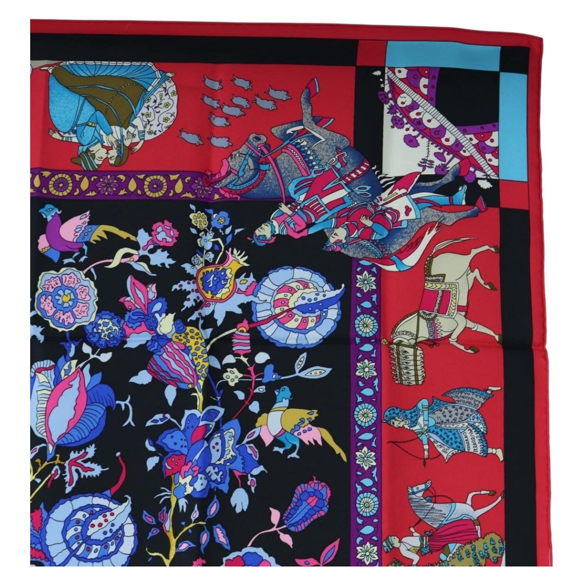 HERMES Carre 90 Scarf "fantaisies indiennes" Silk Red Black Auth am12080M - Jerrillo image 4