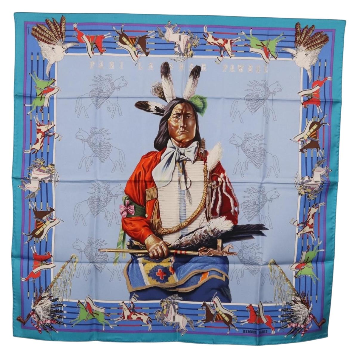 HERMES Carre 90 Scarf "PANI LA SHAR PAWNEE" Silk Blue Auth am12110M - Jerrillo