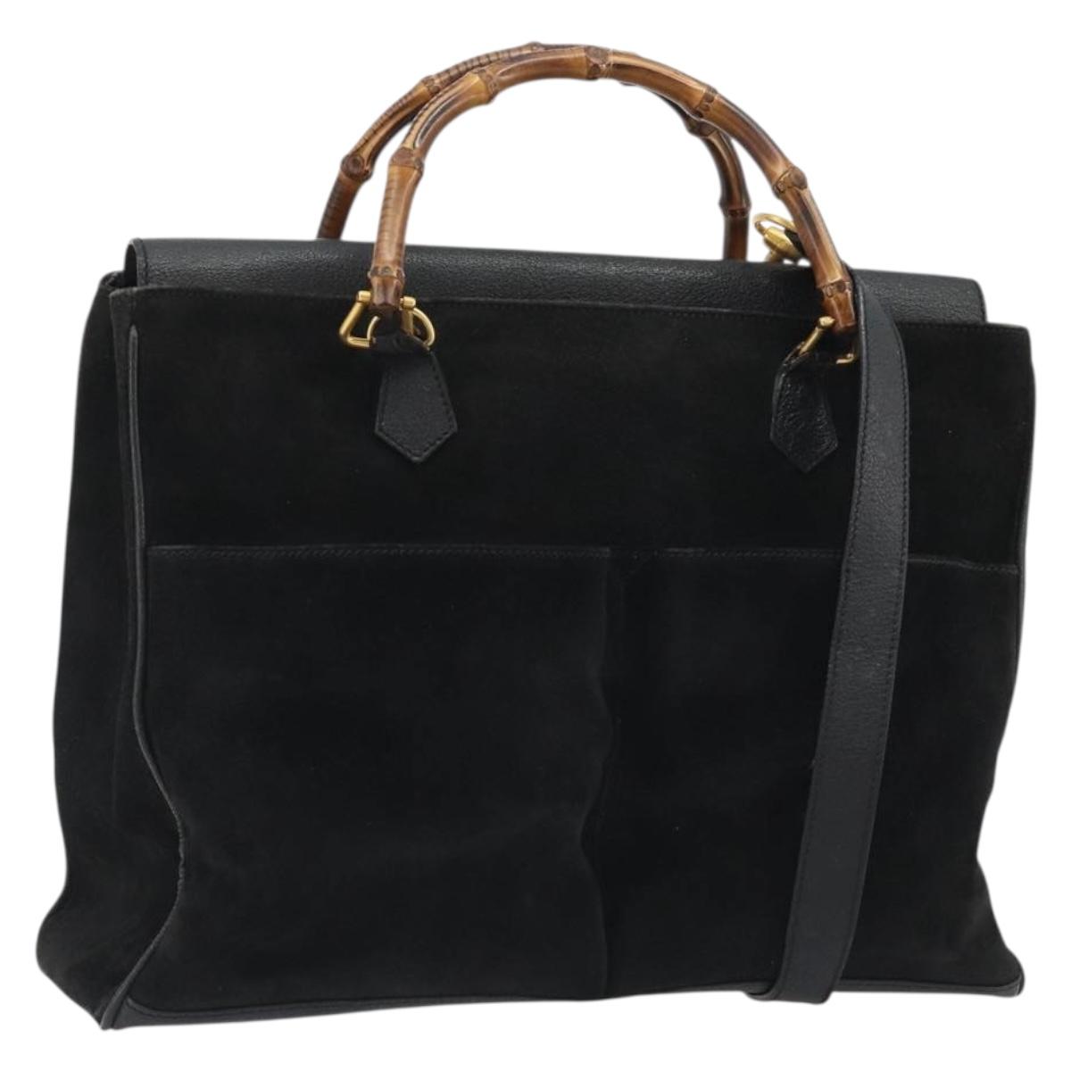 GUCCI Bamboo Hand Bag Suede 2way Black Gold 002 2855 Auth ka5206 - Jerrillo