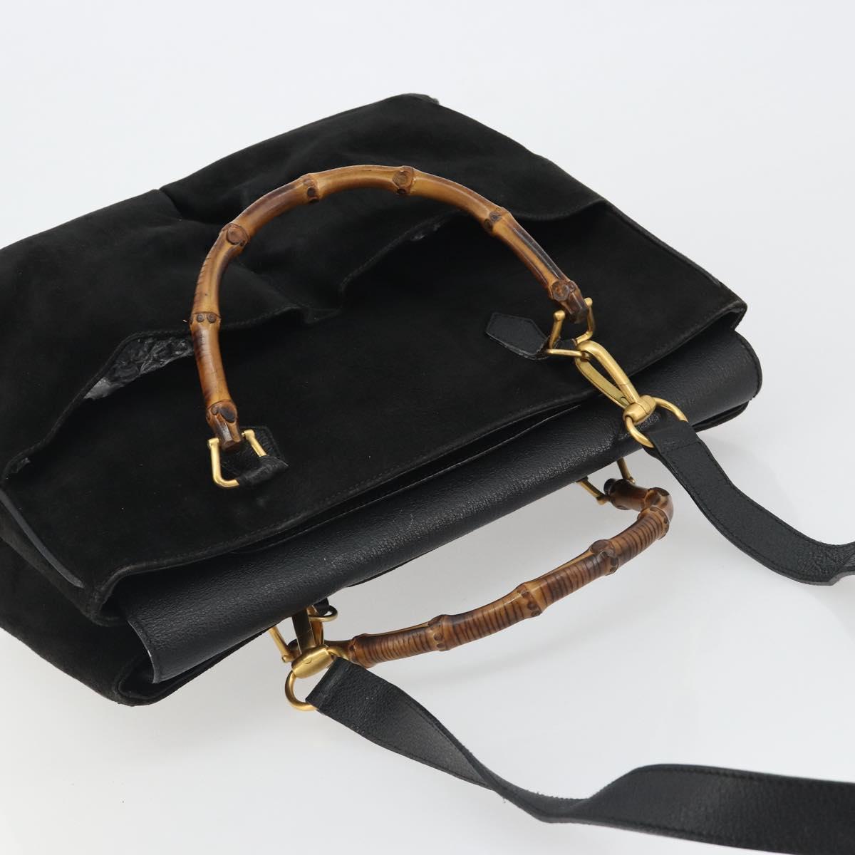 GUCCI Bamboo Hand Bag Suede 2way Black Gold 002 2855 Auth ka5206 - Jerrillo image 6