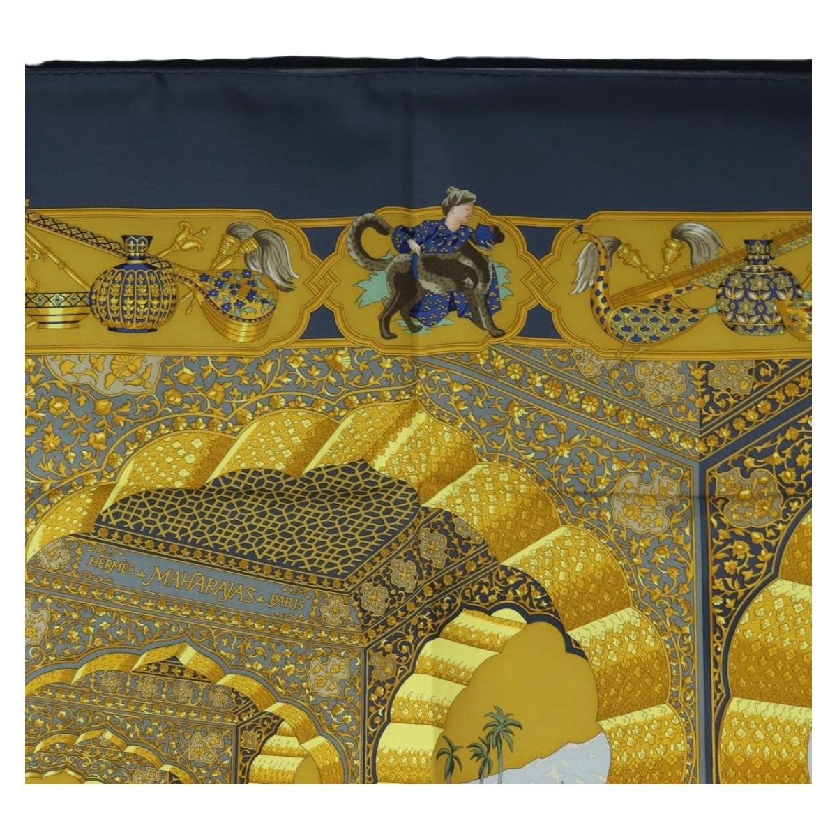 HERMES Carre 90 Scarf Silk "MAHARAJAS" Blue Gold Auth ki6741M - Jerrillo image 3