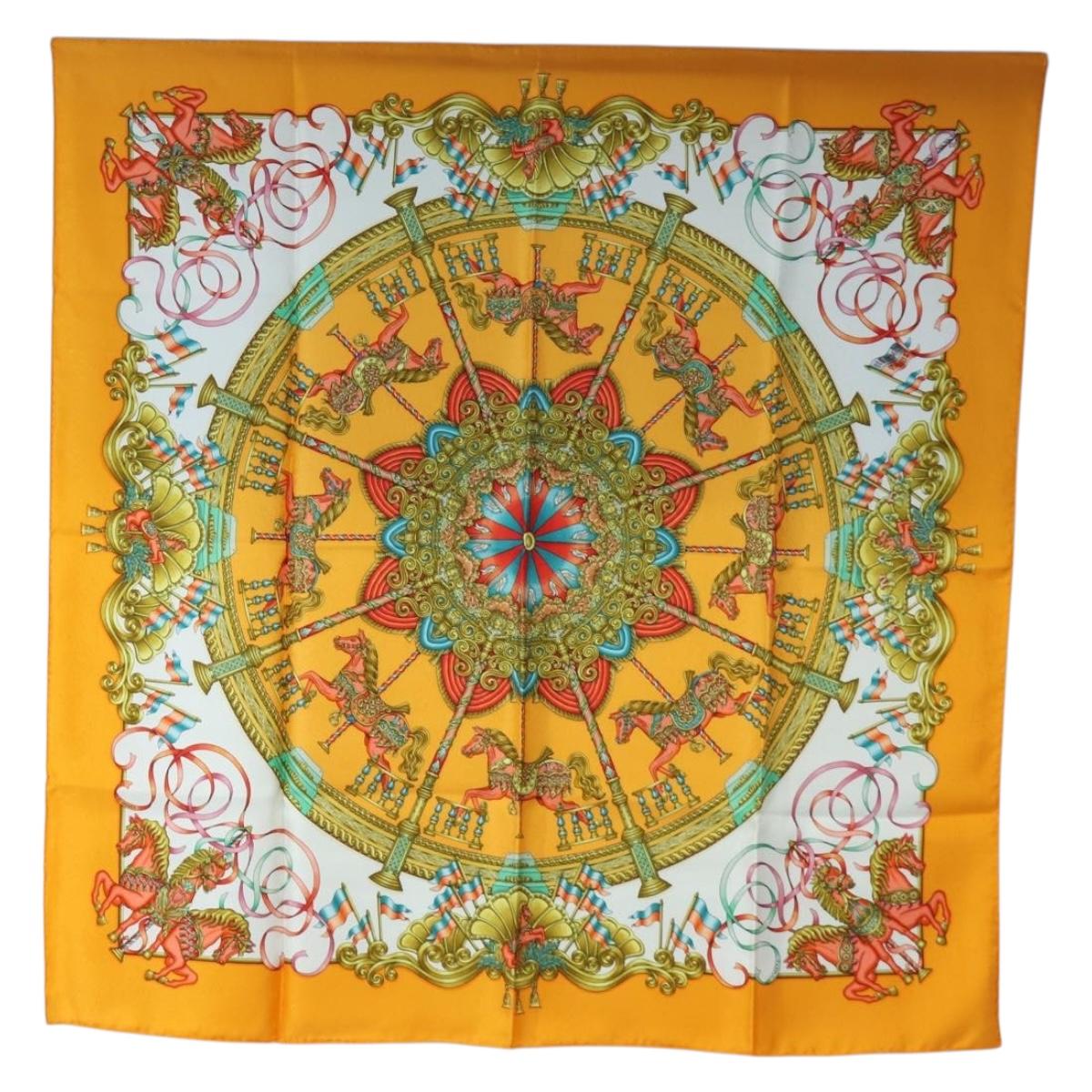 HERMES Carre 90 Scarf Silk "LUNA ARK" Orange White Auth ki6742M - Jerrillo