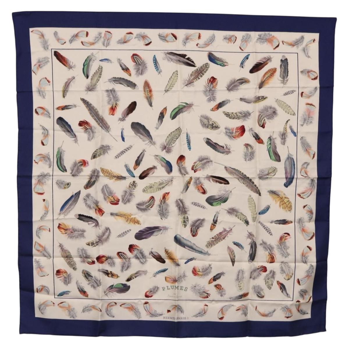 HERMES Carre 90 Scarf "PLUMES" Silk Blue Auth ki6752 - Jerrillo