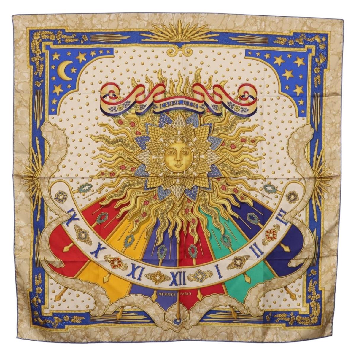HERMES Carre 90 Scarf "CARPE DIEM" Silk Blue Auth ki6753 - Jerrillo