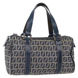 FENDI Zucchino Canvas Hand Bag Navy Silver Auth 150074 - Jerrillo