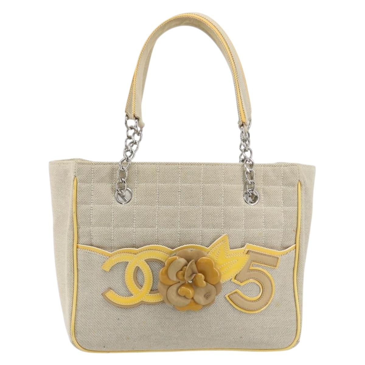 CHANEL Choco Bar Cambon Chain Tote Bag Canvas Beige Silver CC Auth 195070A - Jerrillo image 2