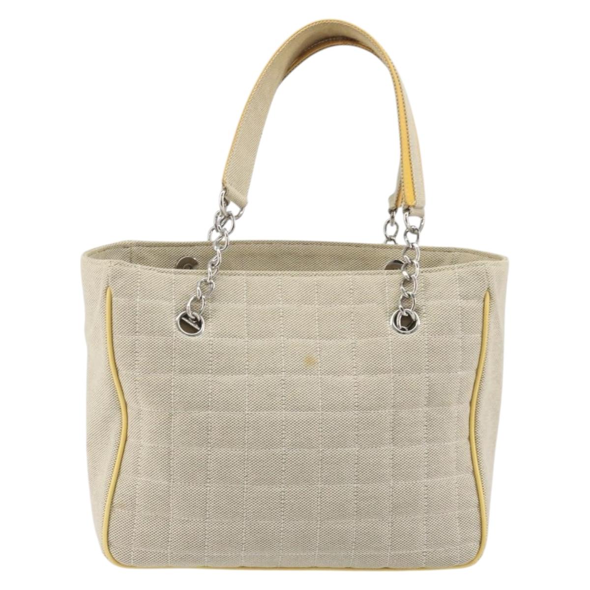 CHANEL Choco Bar Cambon Chain Tote Bag Canvas Beige Silver CC Auth 195070A - Jerrillo image 3
