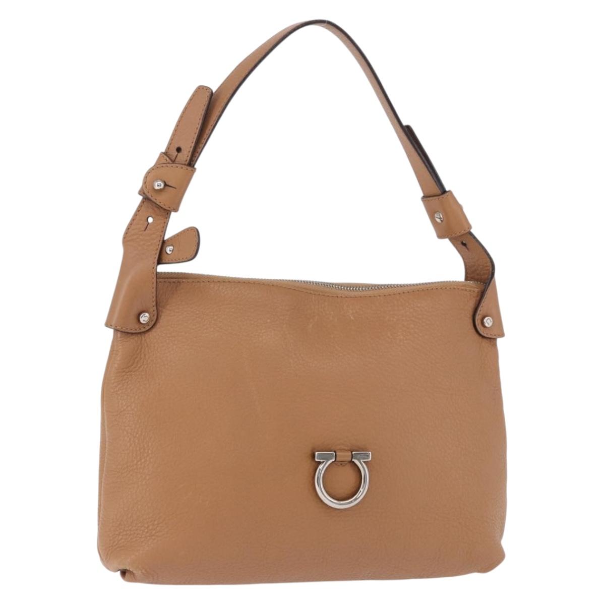 Salvatore Ferragamo Gancini Shoulder Bag Leather Beige Silver Auth 195431A - Jerrillo