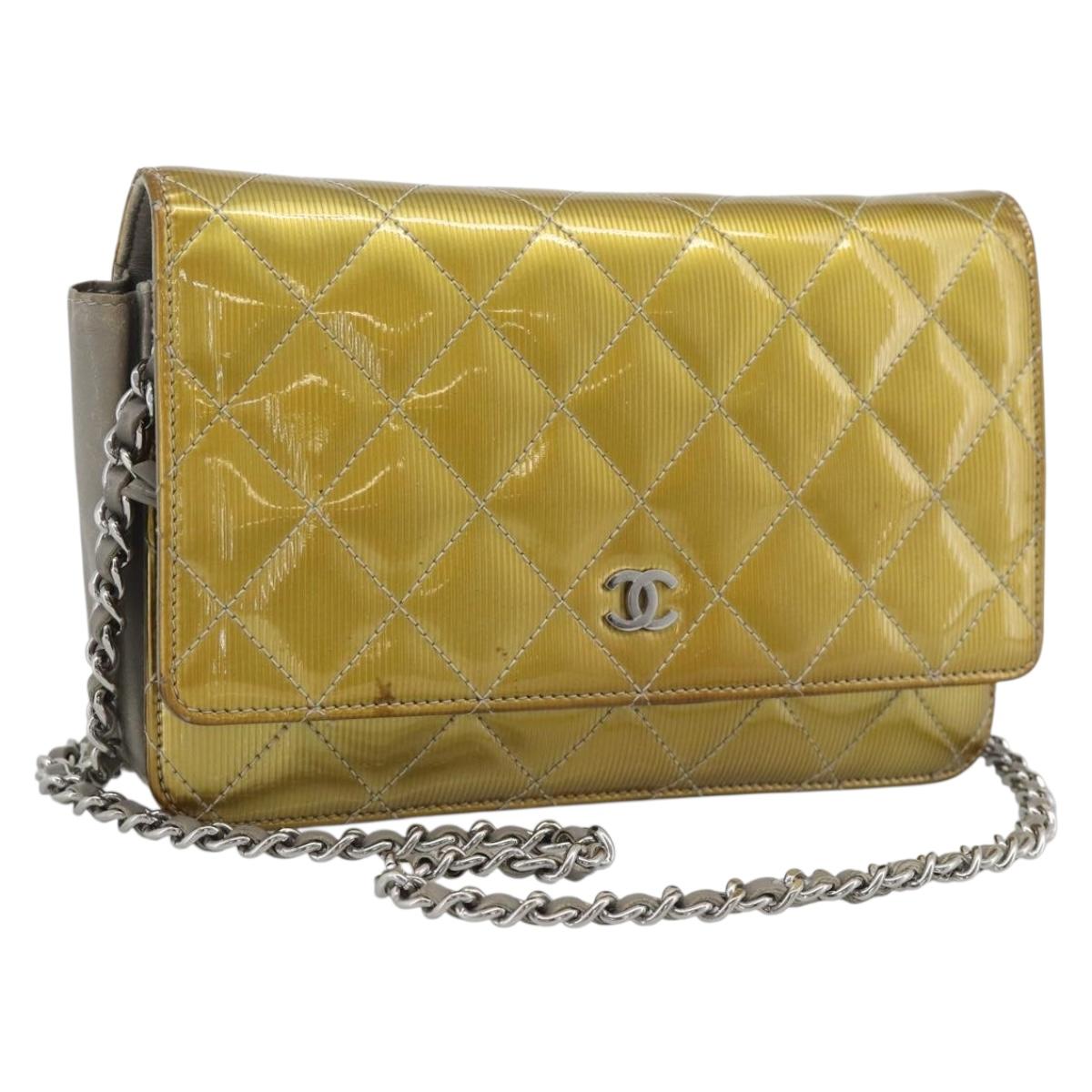 CHANEL Matelasse Chain Shoulder Wallet Patent Gold Silver CC Auth 196109 - Jerrillo