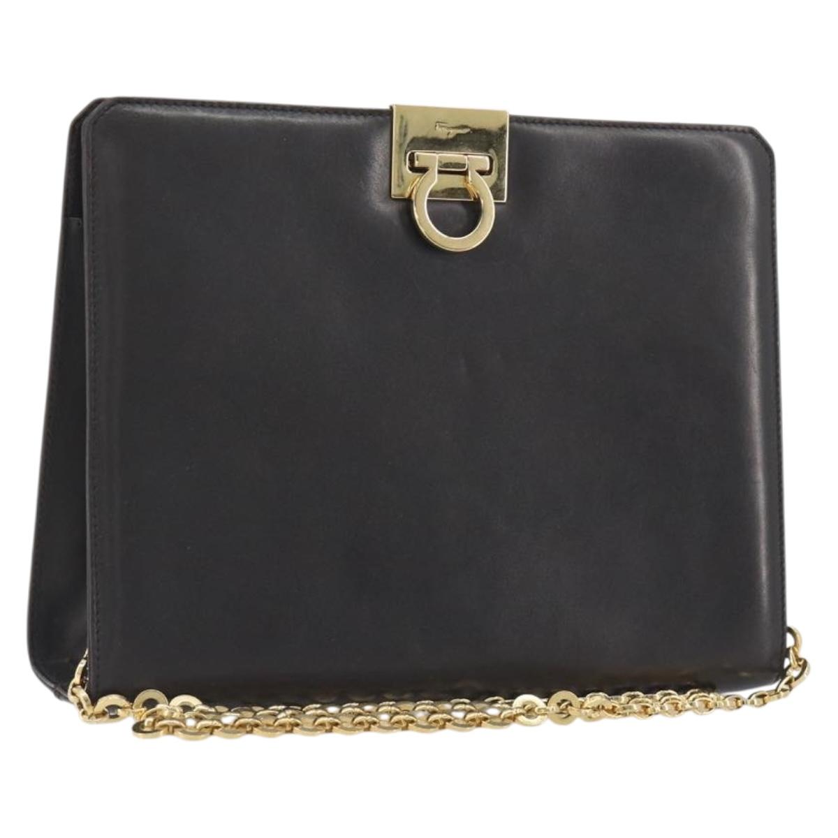 Salvatore Ferragamo Gancini Chain Bag Leather Dark Brown Gold Auth 196287 - Jerrillo