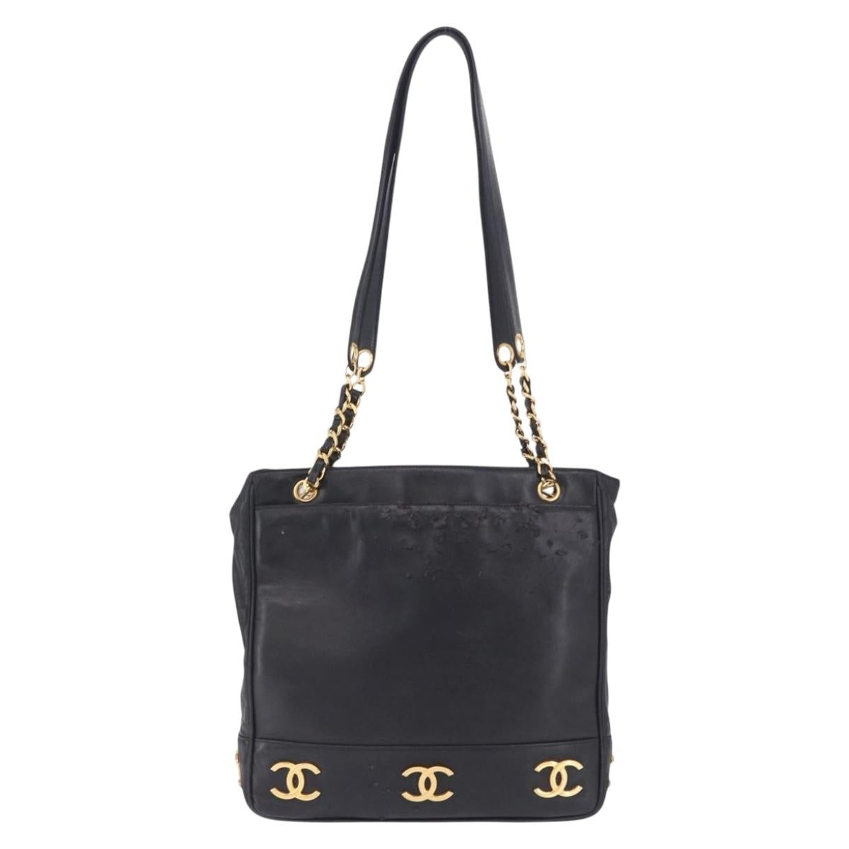 CHANEL Triple Coco Chain Shoulder Tote Bag Leather Black Gold CC Auth 198357 - Jerrillo image 2