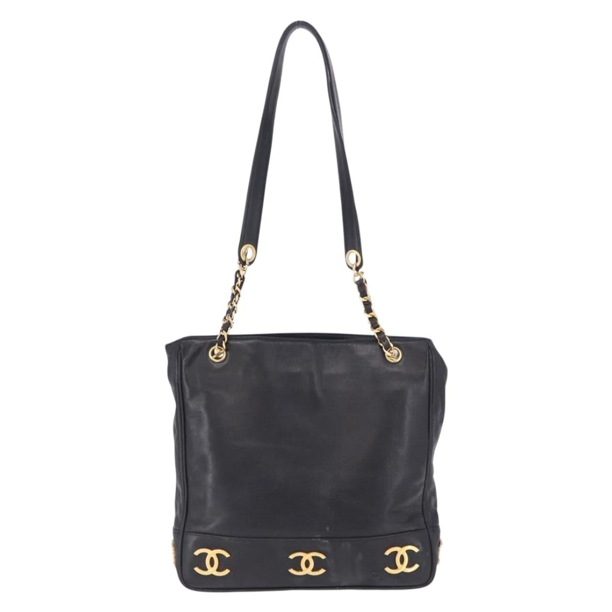 CHANEL Triple Coco Chain Shoulder Tote Bag Leather Black Gold CC Auth 198357 - Jerrillo image 3