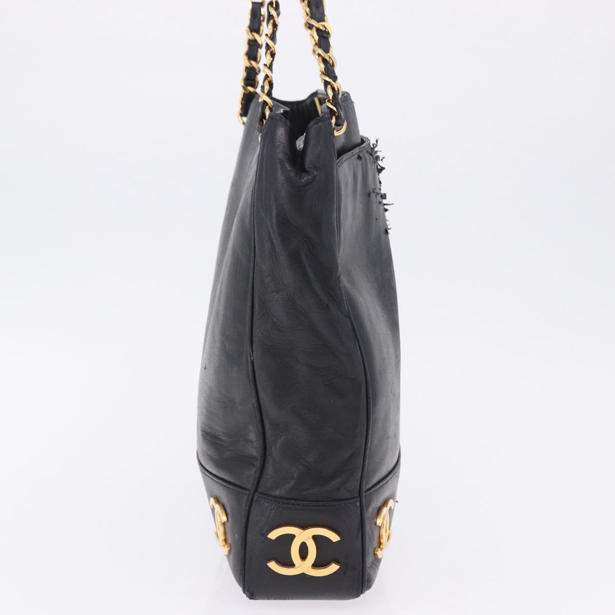 CHANEL Triple Coco Chain Shoulder Tote Bag Leather Black Gold CC Auth 198357 - Jerrillo image 5