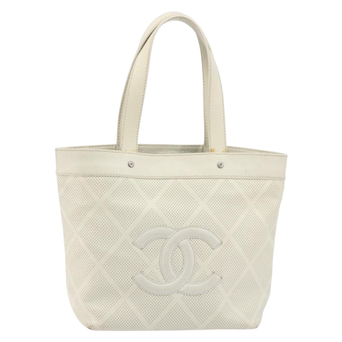 CHANEL Tote Bag Punching Leather White Silver CC Auth 198721A - Jerrillo image 2
