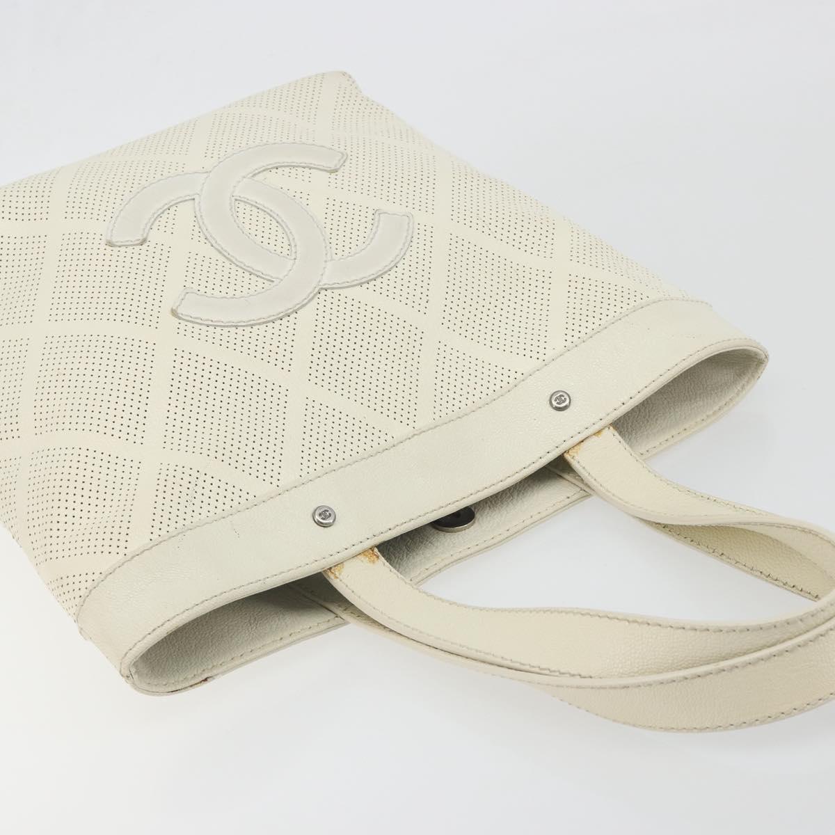 CHANEL Tote Bag Punching Leather White Silver CC Auth 198721A - Jerrillo image 6