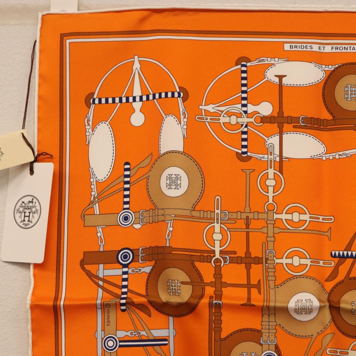 HERMES Carre 40 Scarf Silk "BRIDES ET FRONTAUX" Orange White Auth am12333M - Jerrillo image 2