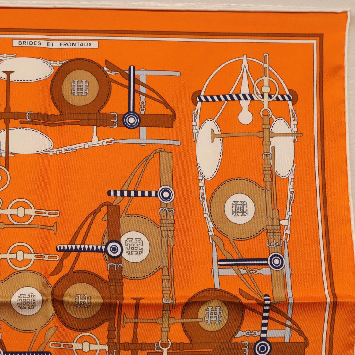 HERMES Carre 40 Scarf Silk "BRIDES ET FRONTAUX" Orange White Auth am12333M - Jerrillo image 3