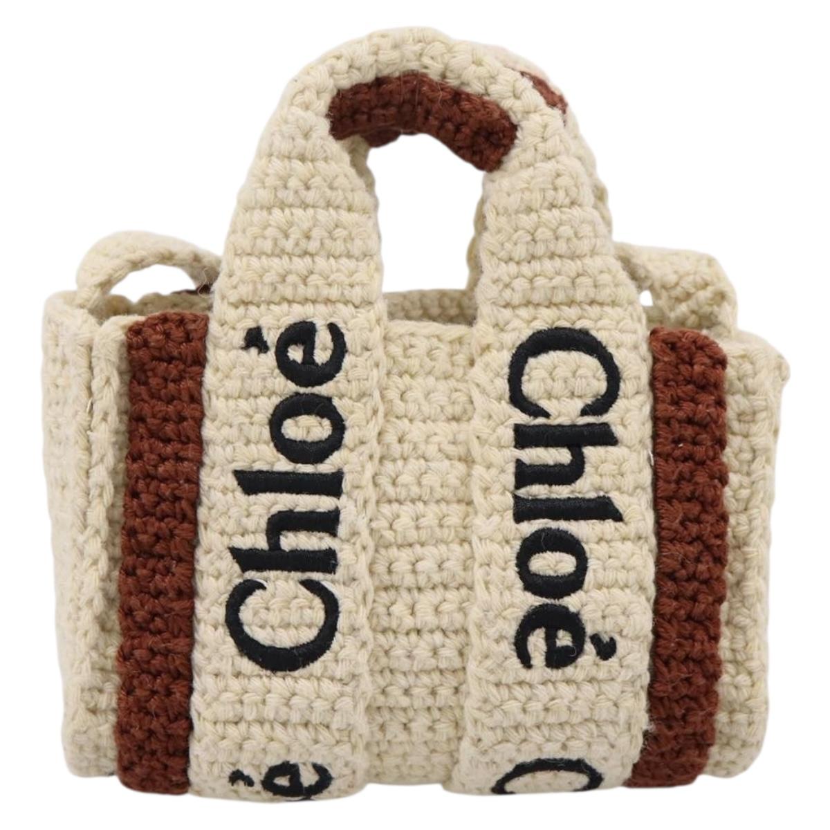 Chloe Woody Crochet Nano Tote Bag Cotton Beige Brown Auth bs37252A - Jerrillo image 2