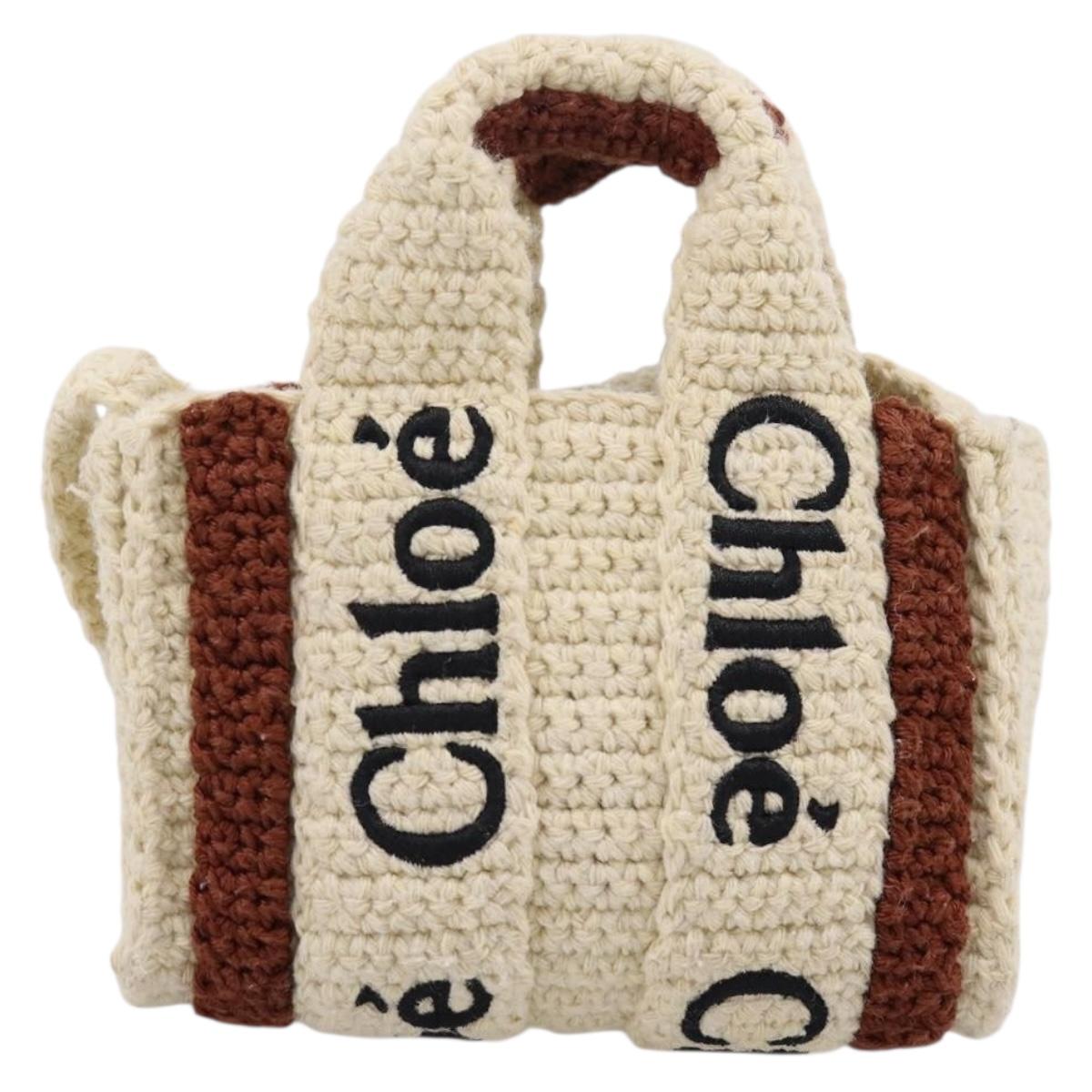 Chloe Woody Crochet Nano Tote Bag Cotton Beige Brown Auth bs37252A - Jerrillo image 3