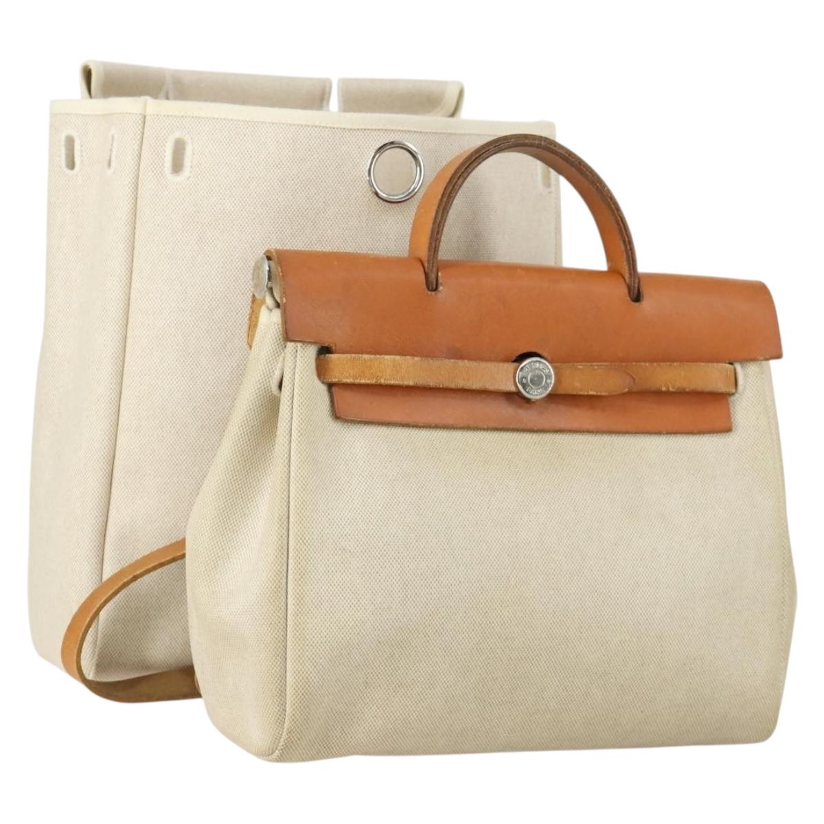 HERMES Herbag Ad PM Backpack Canvas Leather 2way Beige Silver Auth 159367 - Jerrillo