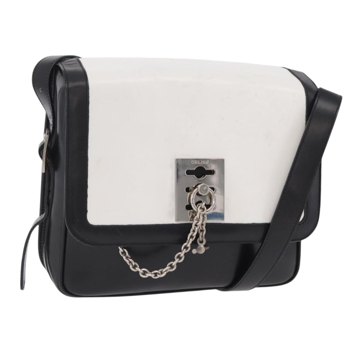 CELINE Shoulder Bag Leather White Black Silver Auth 195652 - Jerrillo