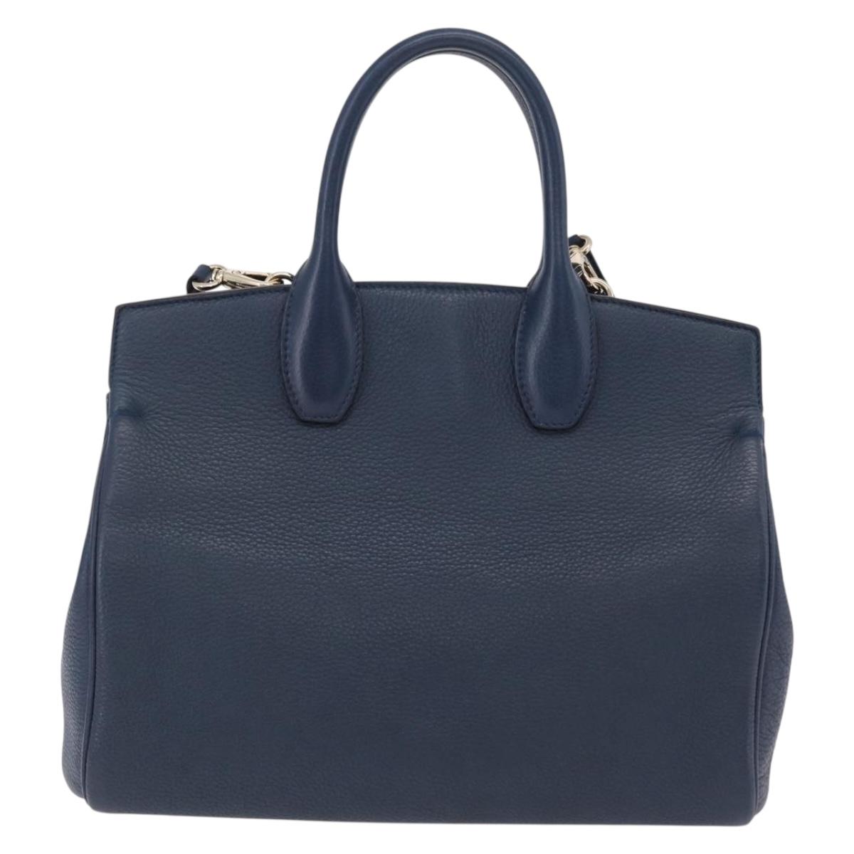 Salvatore Ferragamo Gancini Studio Bag Leather 2way Navy Gold Auth 206236A - Jerrillo image 3