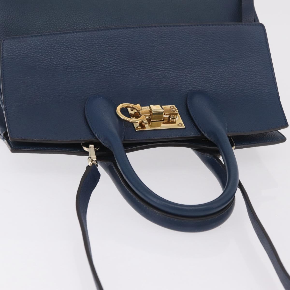Salvatore Ferragamo Gancini Studio Bag Leather 2way Navy Gold Auth 206236A - Jerrillo image 7