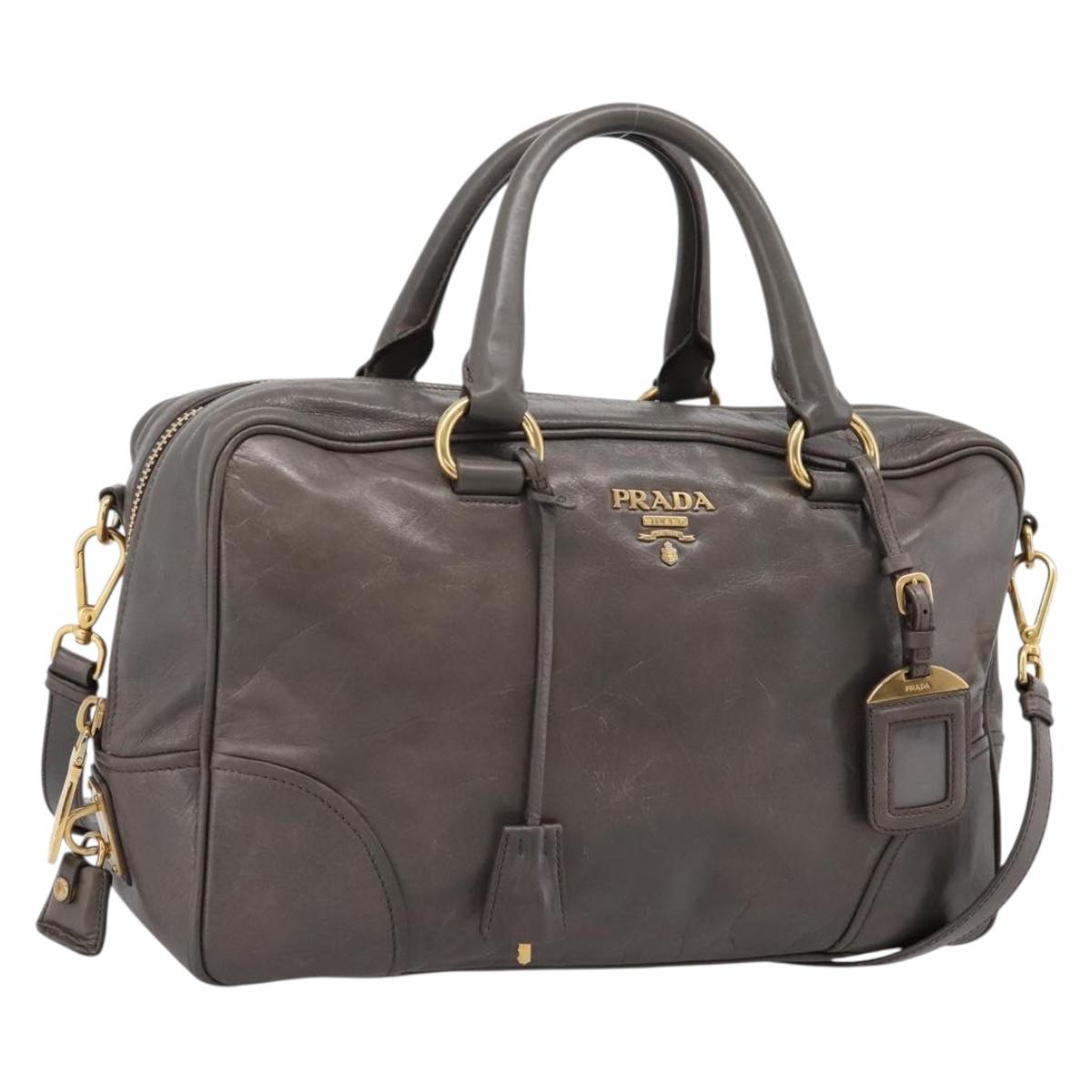 PRADA Hand Bag Leather 2way Gray Gold Auth 207067A - Jerrillo