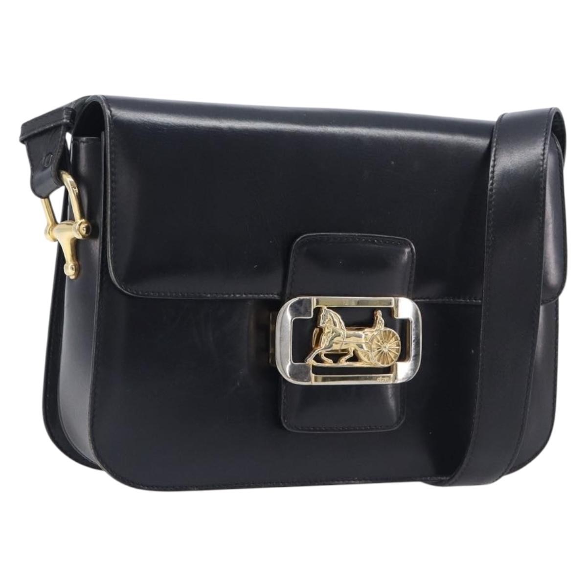 CELINE Horse Carriage Shoulder Bag Leather Black Gold Auth BA16440 - Jerrillo